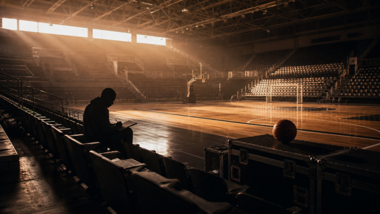 An anonymous producer reviews a notebook in an empty basketball arena at dawn.