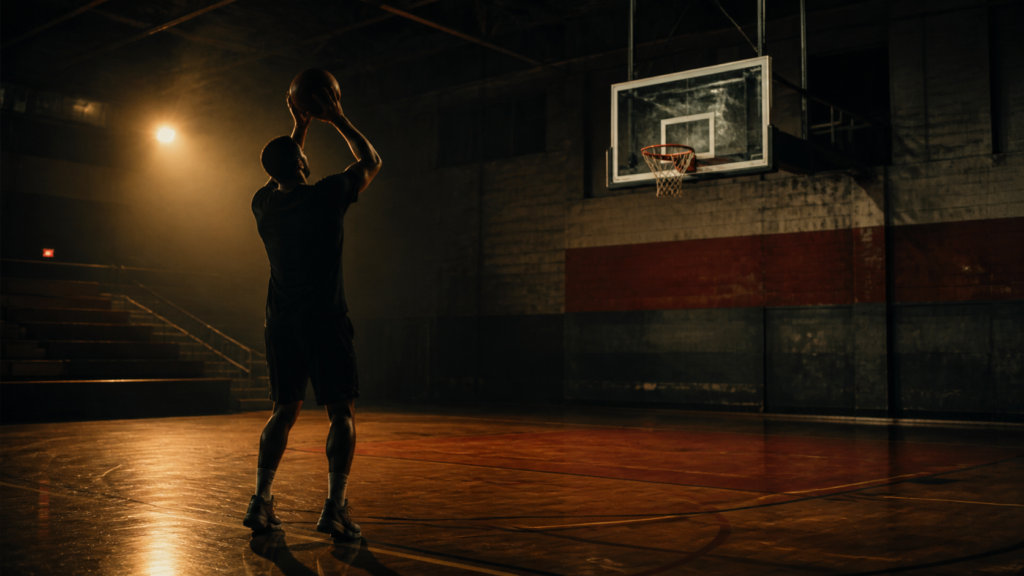 An anonymous basketball player practices alone in a dark gym.
