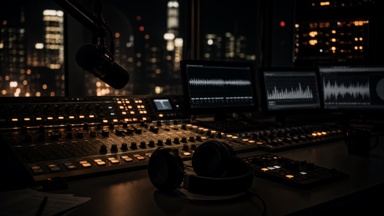A quiet radio control room is lit for a late-night broadcast.