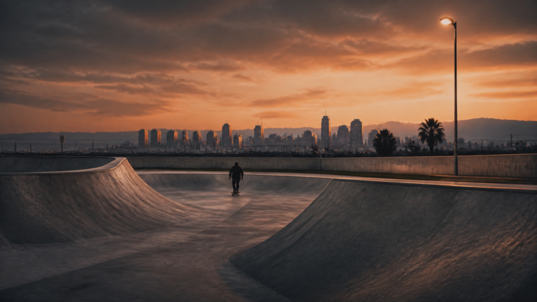An anonymous distant skateboarder moves through an empty concrete park at dusk.