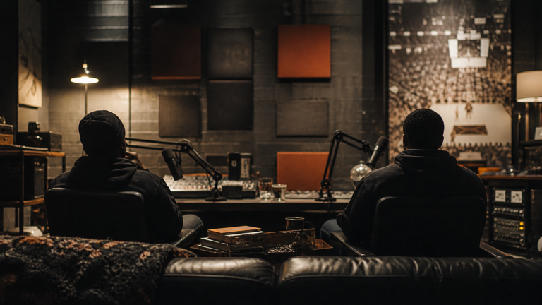Two anonymous hosts sit in a dark recording studio after a conversation.