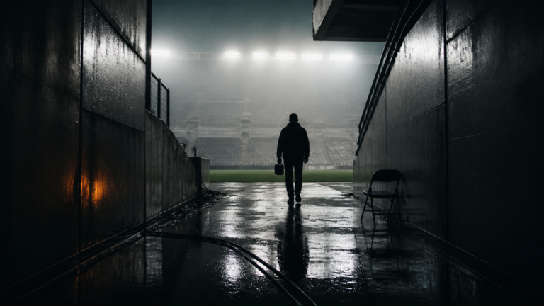 An anonymous figure walks through a rain-soaked football stadium tunnel.