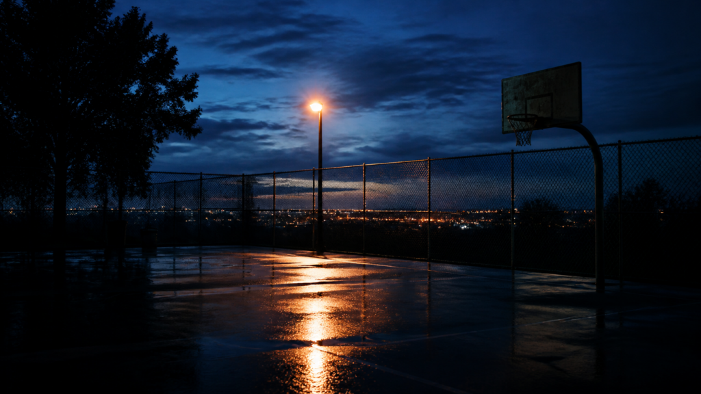 An empty neighborhood basketball court reflects light after rain.