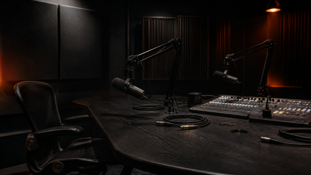 An empty sports recording studio glows after a late-night session.