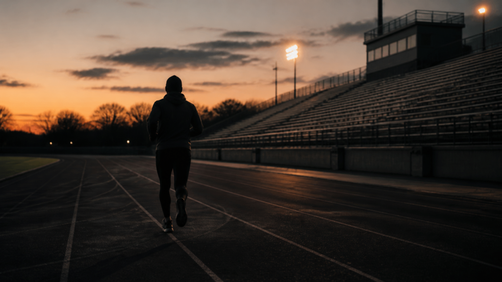 An anonymous runner trains on an empty stadium track before dawn.
