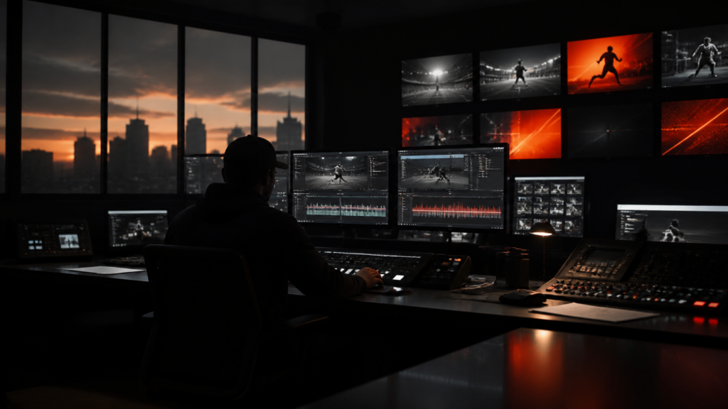 An anonymous editor works at a sports-video production desk before sunrise.