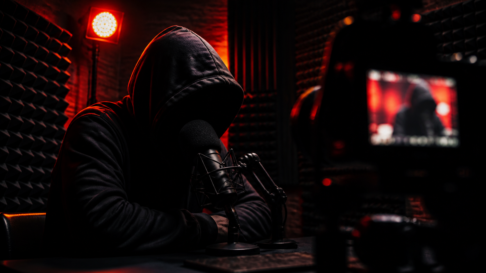 An anonymous host records a reaction in a dark independent studio.