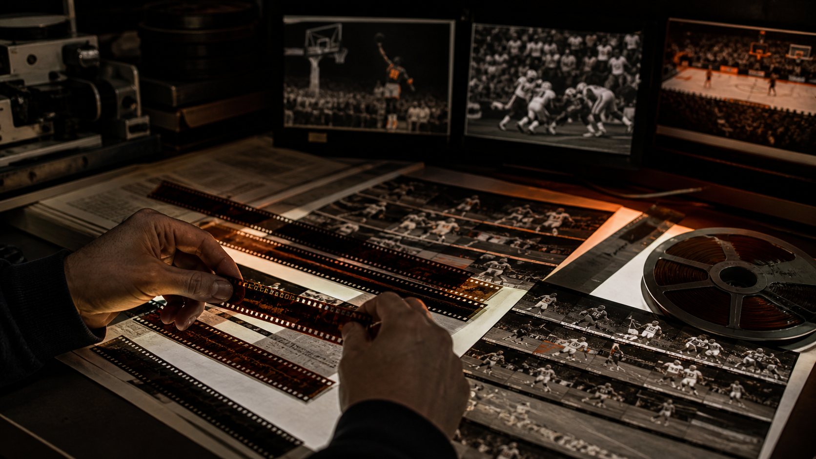 Hands review archival sports film and photographs at an editing table.