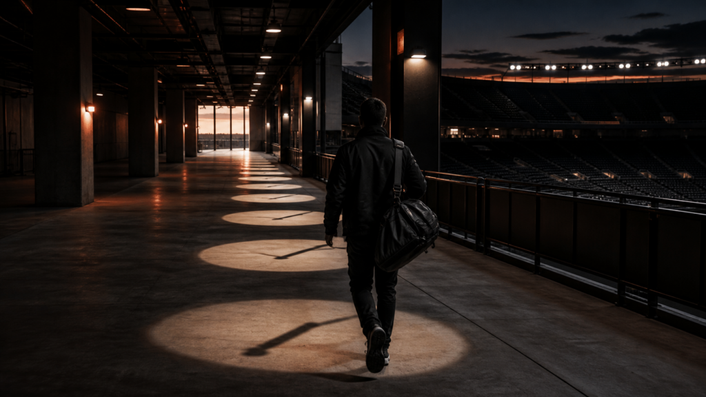 An anonymous reporter walks through an empty stadium concourse at dusk.