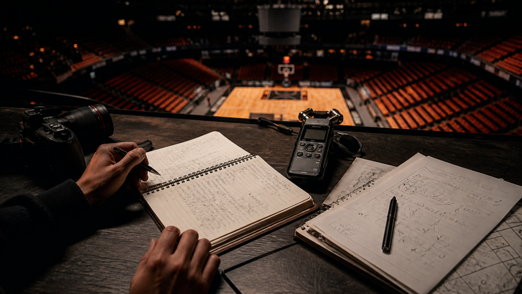 A reporter's notebook and recording equipment overlook an empty basketball arena.