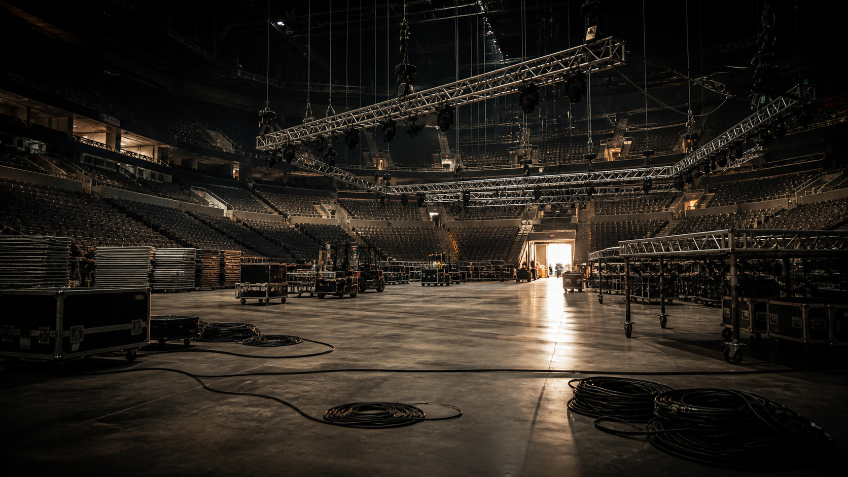 An empty arena is prepared with lighting trusses and production equipment.