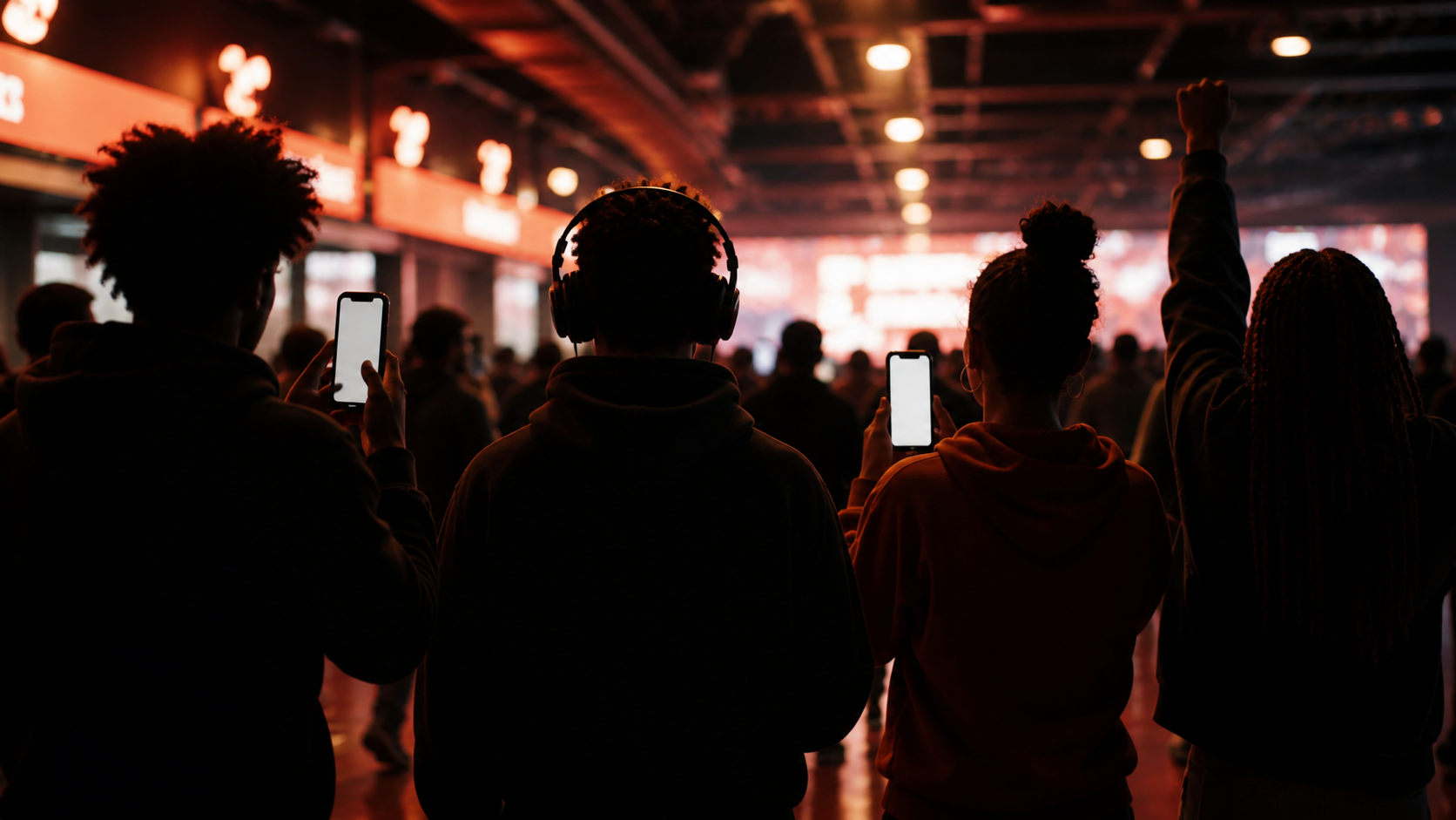 Young adult fan silhouettes use phones and headphones in an arena concourse.