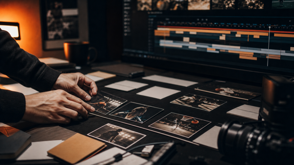 An editor arranges sports photographs at a video-editing desk.