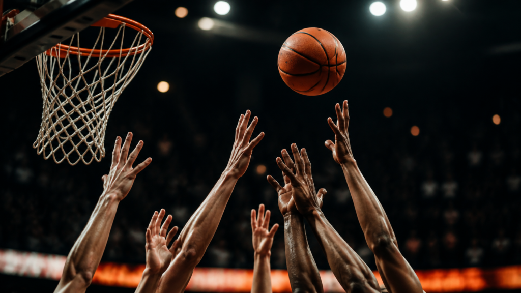 A basketball floats above reaching hands near the rim.