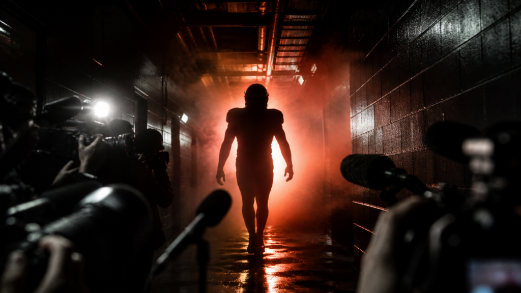 An anonymous football player approaches reporters in a dark stadium corridor.