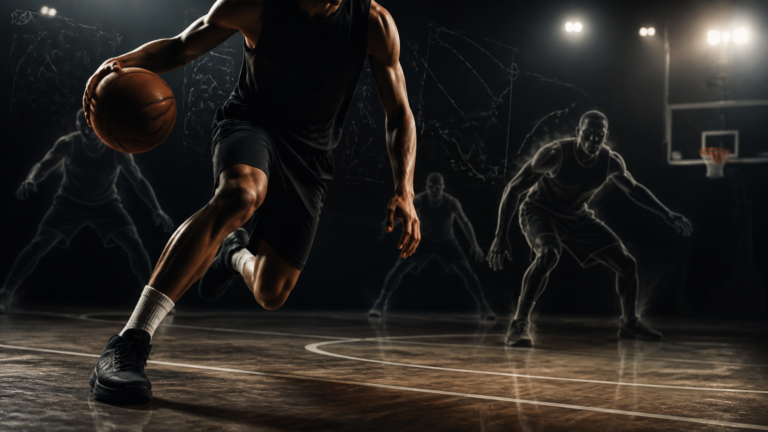 An anonymous basketball player drives past defenders on a dark court.