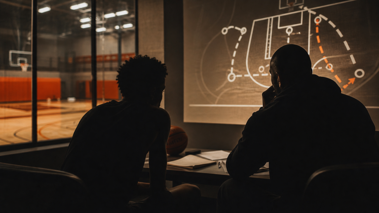 An anonymous coach and player study a basketball strategy board.