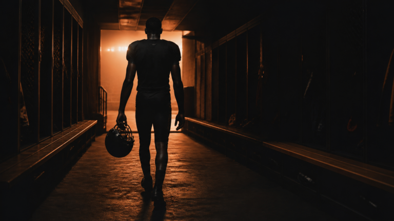 An anonymous football player walks through a dark locker-room tunnel.